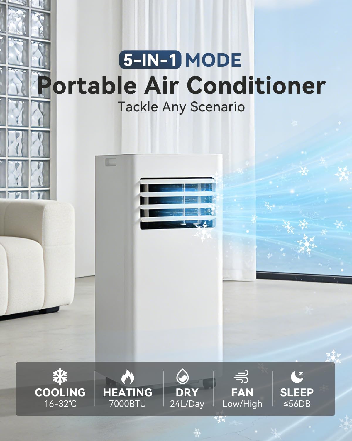 Portable Air Conditioner 9000 BTU Smart WiFi 5-in-1 Cooling Unit 25m² White