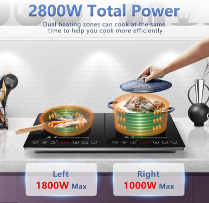 AMZCHEF Double Induction Hob 2800W Portable Cooker Ultra-Thin 10 Temperature Levels 3-Hour Timer Safety Lock Black