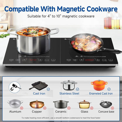 AMZCHEF Double Induction Hob 2800W Portable Cooker Ultra-Thin 10 Temperature Levels 3-Hour Timer Safety Lock Black