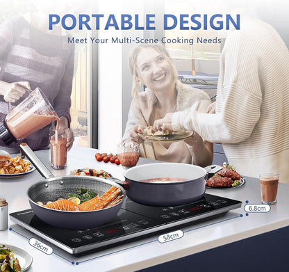 AMZCHEF Double Induction Hob 2800W Portable Cooker Ultra-Thin 10 Temperature Levels 3-Hour Timer Safety Lock Black